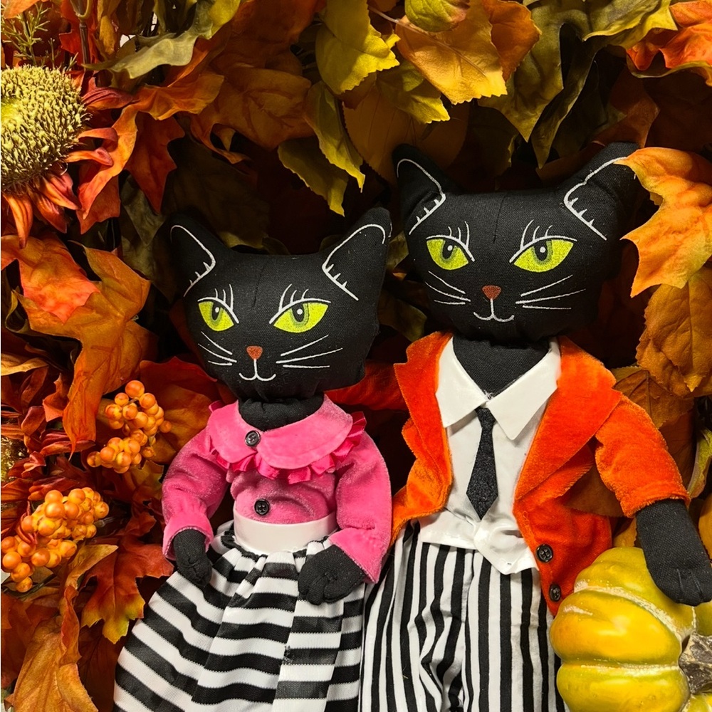 New Hand Crafted Fall Halloween Black Sitting Cats Wreath Pumpkins Sunflowers Lg - Picture 5 of 9